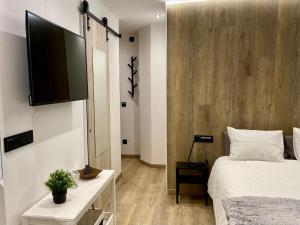 1 dormitorio con 1 cama y TV en la pared en La Portella, en Pas de la Casa