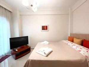 um quarto com uma cama e uma televisão de ecrã plano em Crimson Suite: 1-bedroom apartment in Thessaloniki em Tessalônica