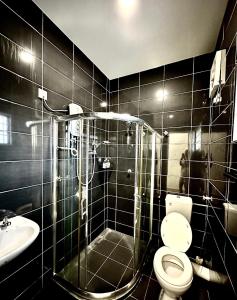 een badkamer met een douche, een toilet en een wastafel bij Ipoh Deluxe Family Home in Ipoh