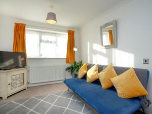 a living room with a blue couch with yellow pillows at Waterside Park Annexe in Kingsbridge
