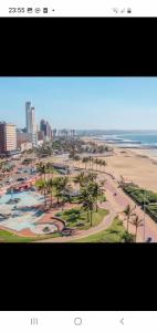 a view of a beach with palm trees and the ocean at Marlborough Durban Beachfront South Beach luxury Holiday Apartments on Marine Parade! in Durban