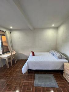 a bedroom with a bed and a table and a window at Hotel Berena in San Marcos La Laguna