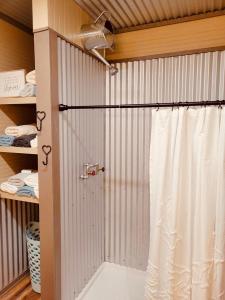 um chuveiro com uma cortina branca num quarto em Texas Blue Apple Cottage em Medina
