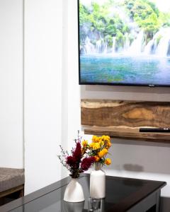 dwa białe wazy z kwiatami na stole z telewizorem w obiekcie MiakaHillsDarjeeling w mieście Dardżyling