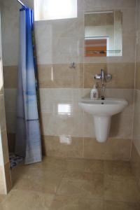 uma casa de banho com um lavatório e uma cortina de chuveiro em U Mami em Veľký Meder