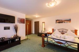 a living room with a bed and a tv at Vitusfort Doppelzimmer Dublin in Füssen +15 photos