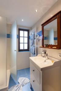 a bathroom with a sink and a shower and a mirror at Vitusfort Appartement "Highlander Suite" in Füssen