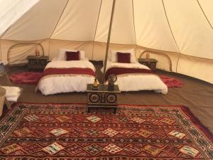 two beds in a tent with a rug at Desert Moments Glamping - full privacy in Muntarib