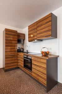 a kitchen with wooden cabinets and a counter top at Vitusfort Appartement "Guinness Suite" in Füssen