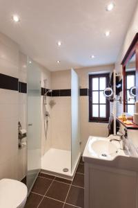 a bathroom with a shower and a sink and a toilet at Vitusfort Appartement "Guinness Suite" in Füssen