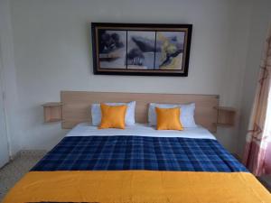 KaratinaTHE PLANTAINS PLACE的一间卧室配有蓝色和橙色枕头的床 更多12张照片