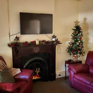 a living room with a fireplace and a christmas tree at Charming 100 yr old cottage in the heart of Moonta in Moonta