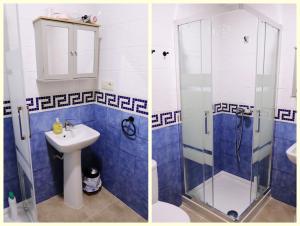 two pictures of a bathroom with a shower and a sink at Casa Rural Ardwina II in Alía