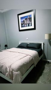 1 dormitorio con 1 cama con una foto en la pared en The Gulch Apartments en Bonabéri