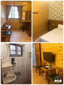 國姓鄉的住宿－鄉村民宿餐廳，一张床位和一间浴室的三幅房间照片