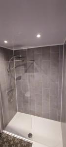 a shower with a glass door in a bathroom at Benllech Sea View bungalow, Dog Friendly sleeps 6 in Benllech