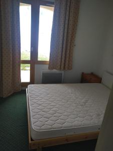 Bett in einem Zimmer mit 2 Fenstern in der Unterkunft calisto110 in Belle Plagne