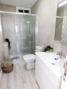 a bathroom with a shower and a toilet and a sink at Luxury Flat to the Atlantic Ocean in Radazul