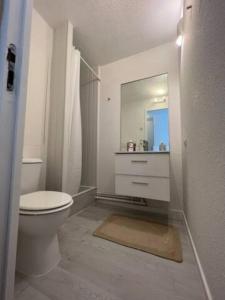 a white bathroom with a toilet and a mirror at Modern studio in the heart of the station 1650 in Les Orres +22 photos