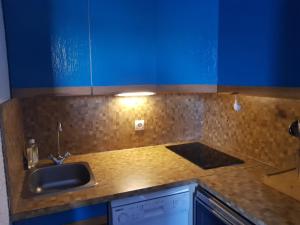 um balcão de cozinha com um lavatório e armários azuis em Studio pied des pistes 4 personnes em Les Deux Alpes