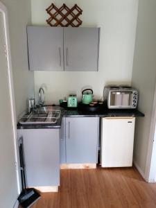 uma pequena cozinha com fogão e micro-ondas em Protea Private Suite - Ramsgate Ramble Rest em Margate