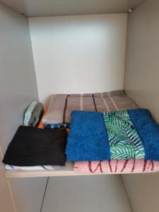 um pequeno quarto com 2 beliches e toalhas em Gites "les colibris" em Schœlcher