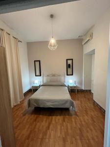 a large bedroom with a bed and a chandelier at Pensión Bienvenido in Seville