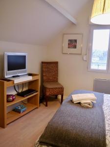 1 dormitorio con 1 cama, TV y silla en Chambre et salon sur la Loire à vélo en Les Ponts-de-Cé