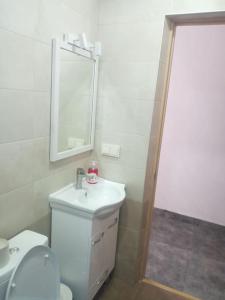 a bathroom with a toilet and a sink and a mirror at Дом рядом проспекта Исакова, 3 км Звартноц аэропорт EVN in Geghanist