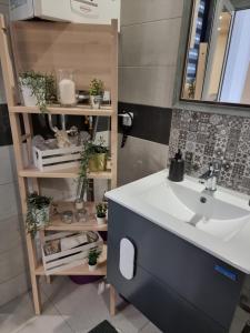 a bathroom with a sink and a shelf with plants at Flowers Apartment in Dobrich