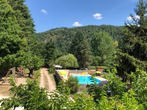 an outdoor swimming pool with umbrellas and trees at Camping Les Berges Du Doux in Colombier-le-Vieux