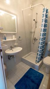 uma casa de banho com um lavatório, um chuveiro e um WC. em Apartments Đoković em Rab