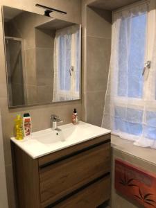 ein Badezimmer mit Waschbecken, Spiegel und Fenster in der Unterkunft Alsacian Home - Old Town Cosy Apartments in Colmar