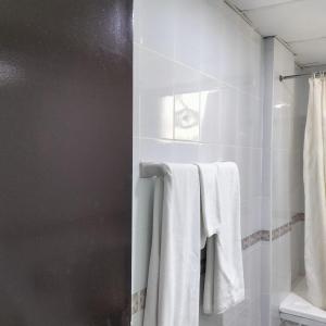 a bathroom with white towels hanging on a rack at Al Nakheel Hotel Apartments in Dubai