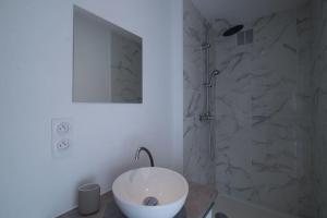 a bathroom with a sink and a shower at Le Scandinave - Tarbes centre in Tarbes