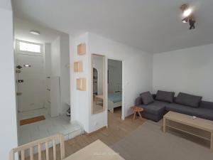 een woonkamer met een blauwe bank in een kamer bij T2 rénové en RDC avec cour, Intra Muros Avignon in Avignon