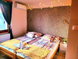 シルヴァーシュヴァーラドにあるRózsalugas Vendégházのベッドルーム1室(ベッド2台付)、壁に照明が備わります。
