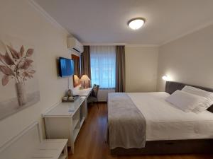 a bedroom with a bed and a desk with a television at Sport Manca Garni Hotel in Radovljica