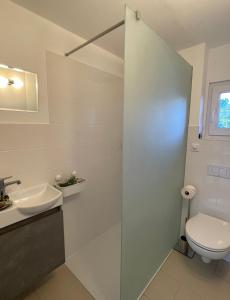 a bathroom with a toilet and a sink at CASALINO DI ANNA in Wensickendorf