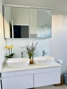two sinks in a bathroom with a mirror at The Village Cottage in Franschhoek