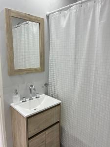 a bathroom with a sink and a shower with a mirror at DEPARTAMENTO CENTRICO in Bahía Blanca