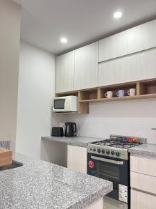 cocina con fogones y encimera en DEPARTAMENTO CENTRICO en Bahía Blanca