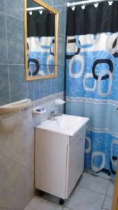 a bathroom with a sink and a mirror and a shower at Murmullos del bosque in Lago Puelo