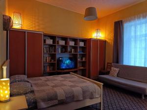 a bedroom with a bed and a book shelf at Cozy Dream Apartment in Vilnius