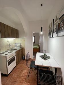 a kitchen with a table and chairs in a room at Savin Apartment in Ohrid