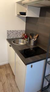 een kleine keuken met een wastafel en een aanrecht bij Studio confortable au cœur de Rouen in Rouen
