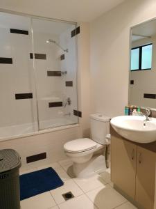 a bathroom with a toilet and a shower and a sink at 3 bedroom 2 bath apartment in Cairns Queensland in Cairns