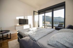 a bedroom with a bed and a tv and a couch at APARTMAN DERETIC in Trebinje