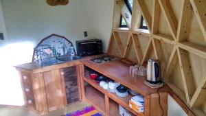 cocina con armarios de madera y lavabo en una habitación en Domo del bosque, en Dalcahue