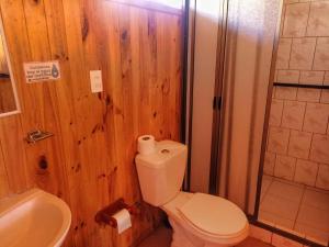 La salle de bains en bois est pourvue de toilettes et d'un lavabo. dans l'établissement Cabañas Don Fernando, à Laguna Verde